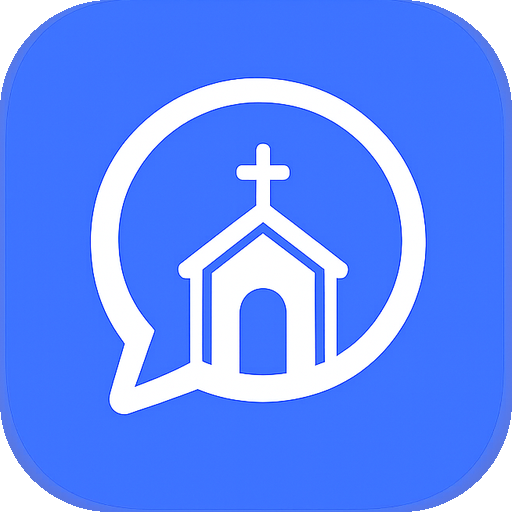 Church Chatter app logo: a white speech bubble containing a church, on a blue rounded tile