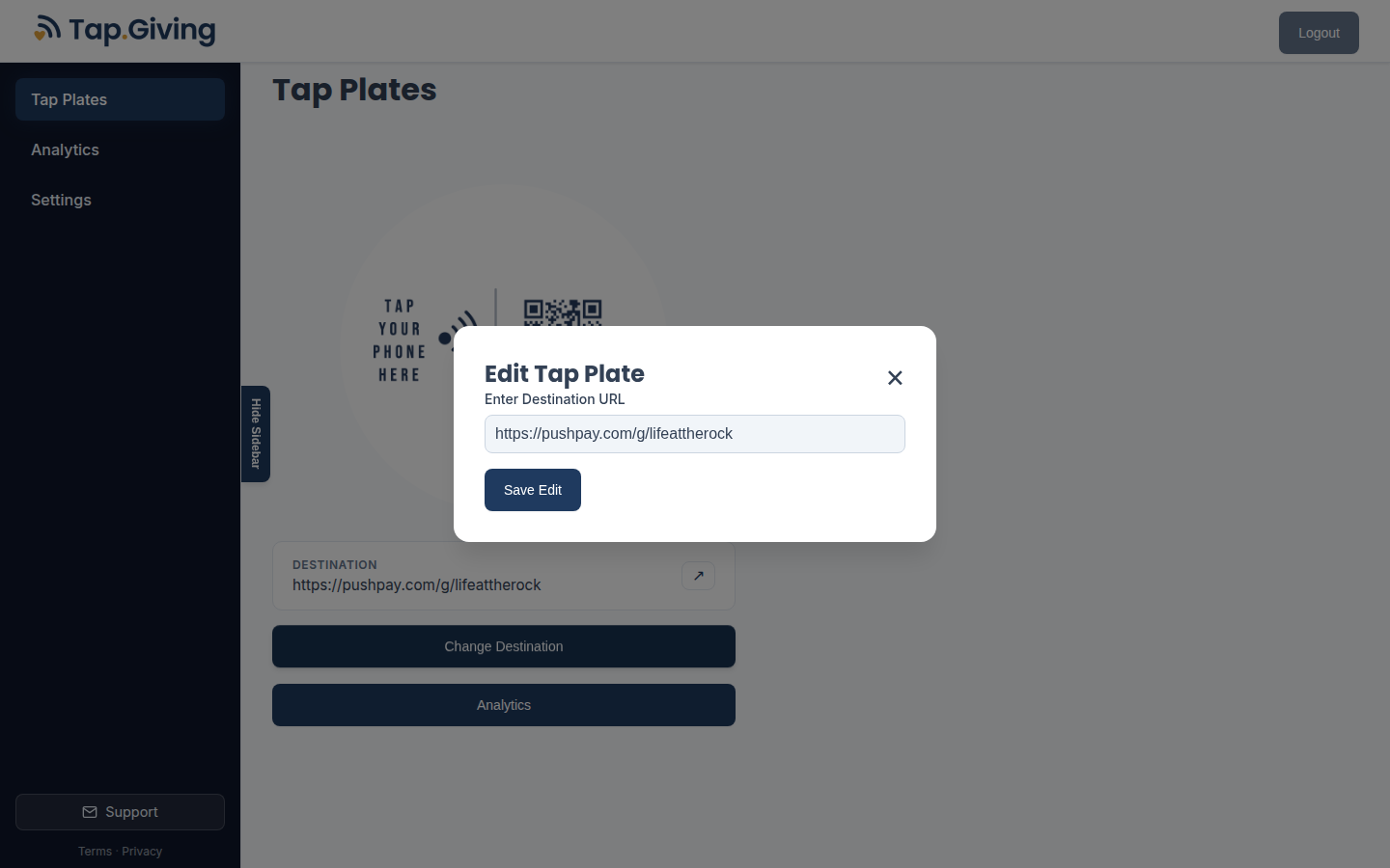 The Edit Tap Plate dialog with a destination URL field and a Save Edit button