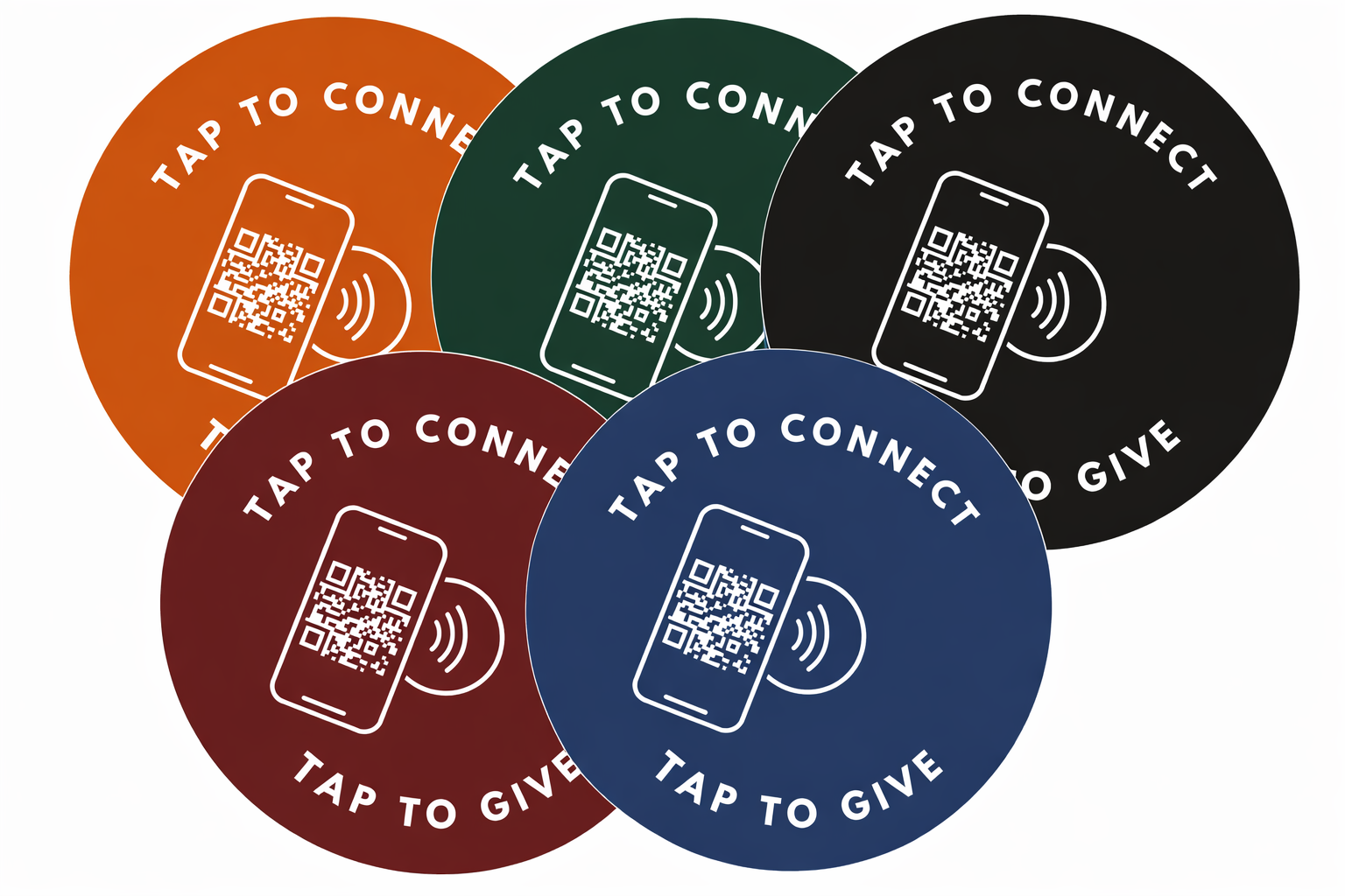NFC tap plates available in orange, green, black, burgundy, and blue colors