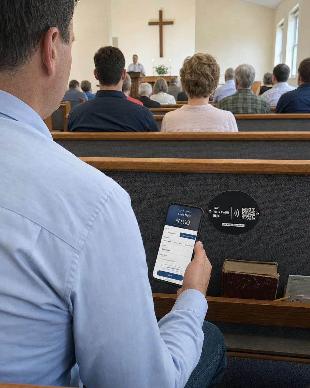 A plate mounted on a pew back during a service, a parishioner holding a phone to it while the congregation sits ahead