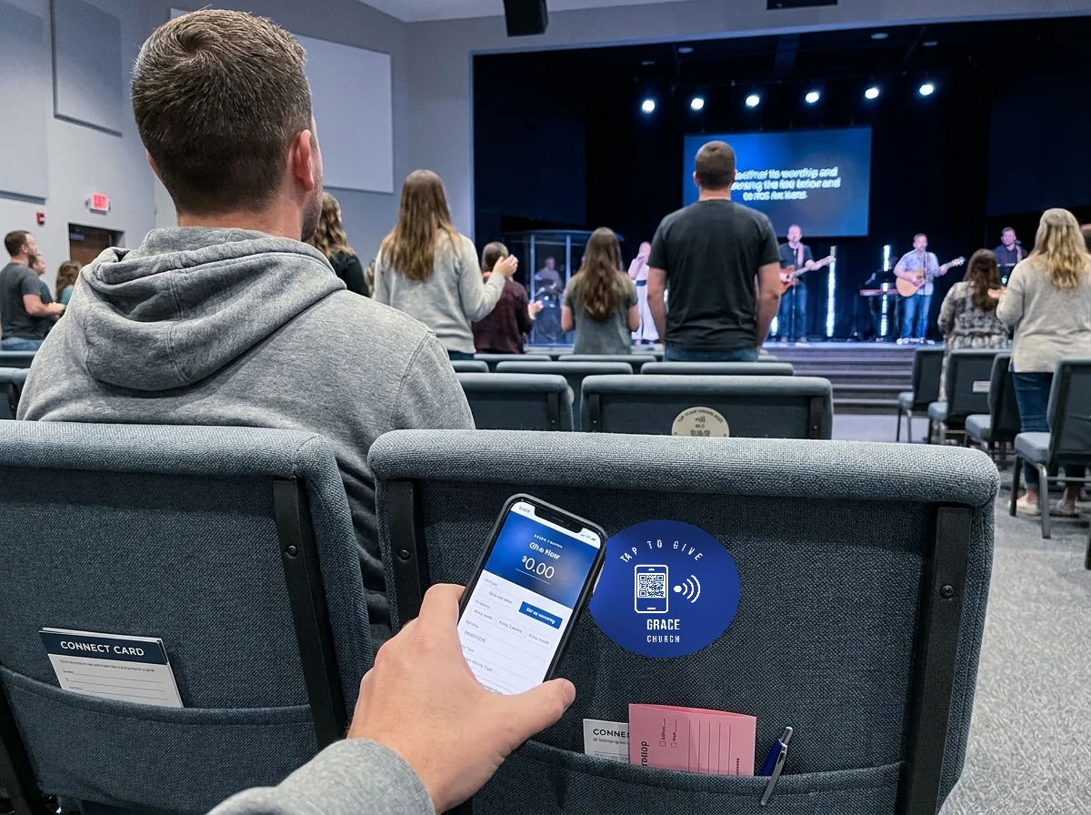 A tap-to-give plate on a chair back with someone holding a phone to it, the giving page open on screen