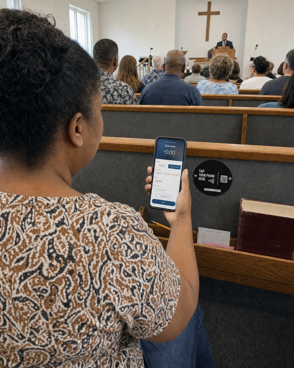 A woman in a pew tapping her phone to a tap-to-give plate on the pew back in front of her during a service